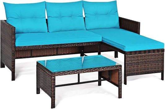 3 Pieces Rattan Sectional Sofa Set, Patio Wicker Rattan Conversation Set with Chaise Lounge, Love Seat & Coffee Table, Patio Furniture Set for Garden, Lawn, Poolside (Turquoise)