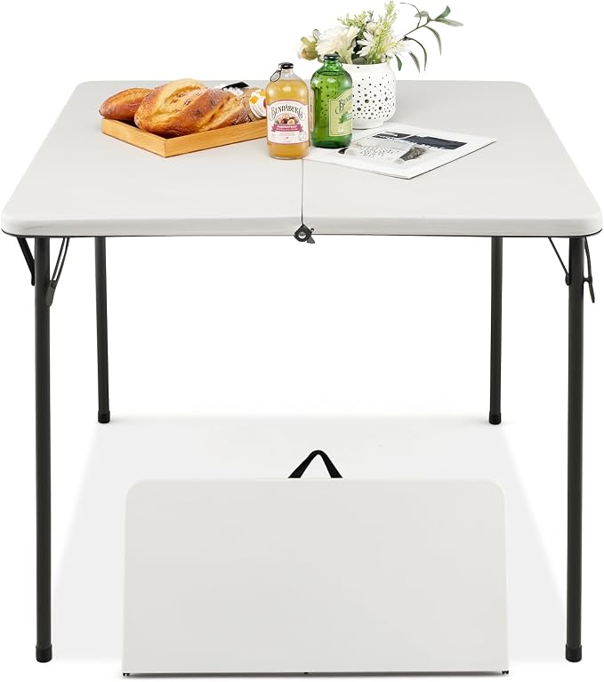 Tangkula 34" Folding Table, Portable Picnic Table with All-Weather HDPE Tabletop, Heavy-Duty Metal Frame, Carry Handle, Fold-in-Half Plastic Outdoor Table for Camping, Dining, BBQ, No Assembly Needed
