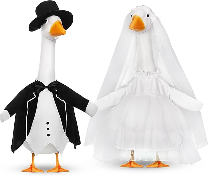 Geyoga 2 Sets Wedding Porch Goose Outfits for 23'' Goose Couple Bridegroom Suit Blazer Bride Wedding Dresses Couple Costume(Classic Style)