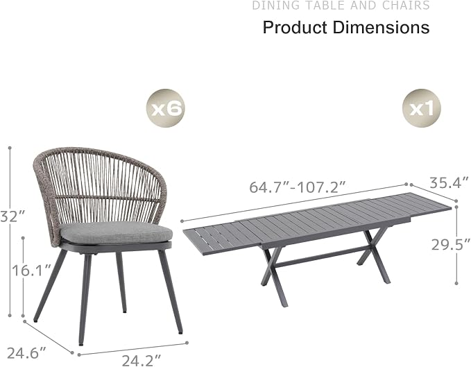 SUNSITT 7 Piece Outdoor Patio Dining Set, 65" - 107" Metal Expandable Outdoor Dining Table with X-Shape Legs, 6 Woven Wicker Outdoor Patio Chairs w/Removable Cushions for Garden, Dark Grey