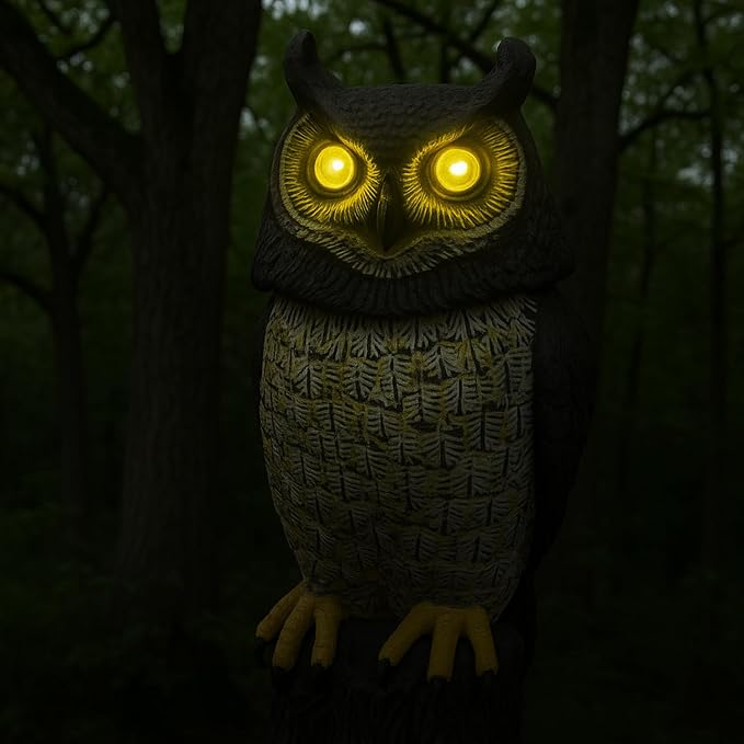 GIFTEXPRESS 1Pcs Solar Power Owl Decoy – 17" Motion Sensor Pest Repellent with Rotating Head, LED Eyes & Sound – Fake Horned Owl for Garden, Yard, Balcony, Farm, Patio, Roof, Lawn- Life Size