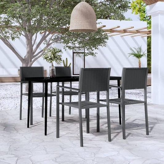 5 Piece Patio Dining Set Black Glass Tabletop Rattan Chairs Outdoor Garden Furniture for Backyard Deck Balcony Porch