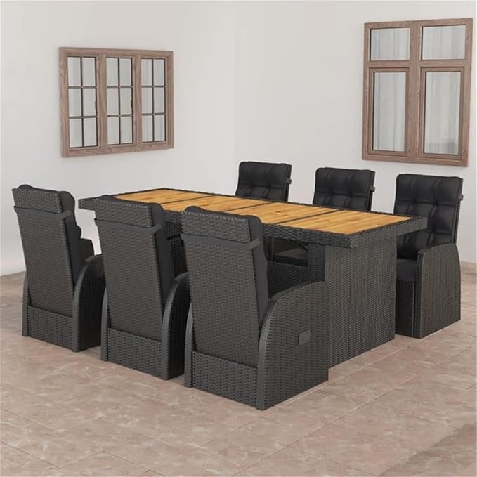Afuera Living Contemporary Outdoor Dining Set, Black/Natural Wood Finish, Rectangular Acacia Table with Powder-Coated Rattan, Cushioned Reclining Chairs, Outdoor Patio Furniture for Garden or Porch,