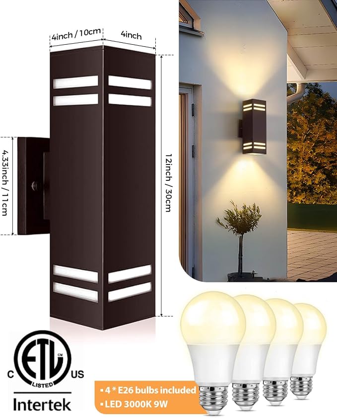 SHIMR Dusk to Dawn Outdoor Lighting, Modern Sconce, ETL Listed, 2 Pack | Bronze, Waterproof Aluminum Exterior Lighting Fixture, E26 Base, LED Bulbs Include, Up and Down Lights for Porch Garage Patio