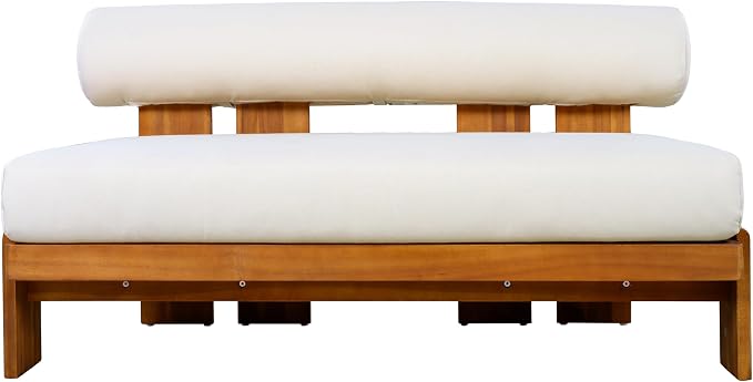 Merax 4-Piece Patio Conversation Set with Acacia Wood Frame, Waterproof Cushions & Round Backrest – Loveseat, 2 Club Chairs & Coffee Table for Garden, Deck & Balcony, Beige+Teak