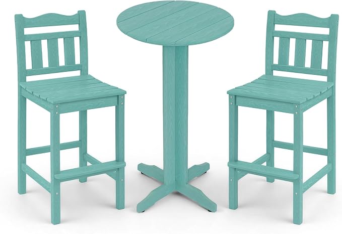 3-Piece Outdoor Bar Set, HDPE Adirondack Bar Height Chairs Set of 2 and Round Bar Table, All Weather Patio Bar Set Outdoor Bar Stools Set for Balcony, Poolside, Backyard (Aruba Blue)