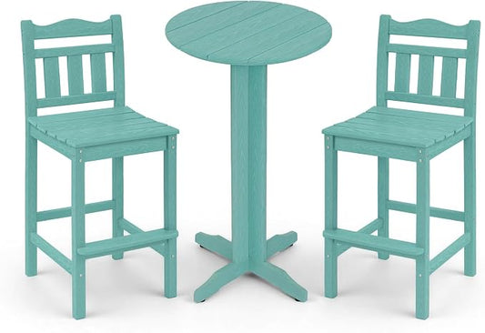 3-Piece Outdoor Bar Set, HDPE Adirondack Bar Height Chairs Set of 2 and Round Bar Table, All Weather Patio Bar Set Outdoor Bar Stools Set for Balcony, Poolside, Backyard (Aruba Blue)