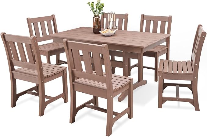 Psilvam Outdoor Dining Table, 6-Person Poly Lumber Patio Table, Weather Resistant Outdoor Table that Never Rust, Suitable for Garden & Backyard, Net Weight 90 LBs (59" D x 31 1/2" W x30 H, Brown)