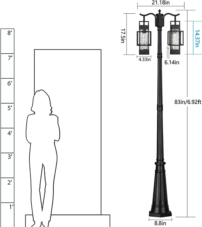 Modern Outdoor Lamp Post Light 2-Head, Hardwired Street Light Post for Outside Metal Pole Light Outdoor Lighting with Water Glass Shade for Garden Patio Backyard Walkway Driveway
