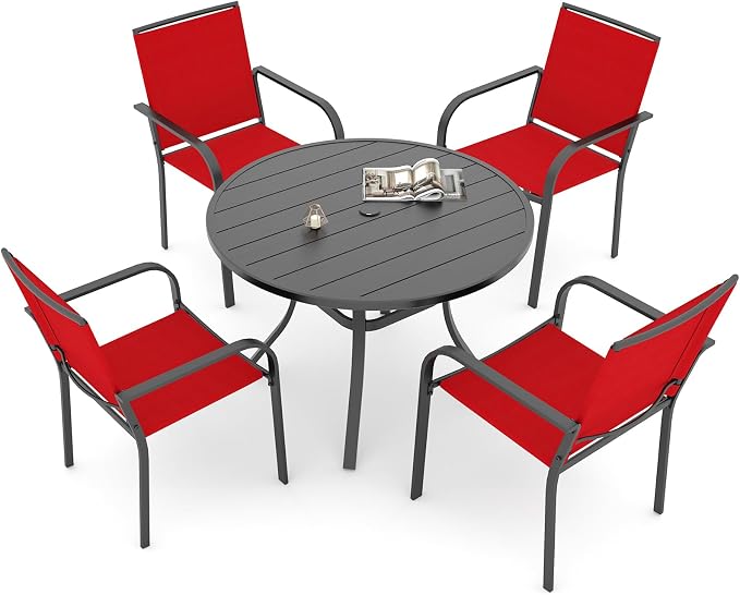 5 Piece Outdoor Patio Dining Set with 41" Metal Round Table and Red Chairs | 4 Piece Stackable Chairs Textilene Seat and Back, Table and Chair with Metal Frame, Round Slat Table Top, 1.9" Umbrella Hole