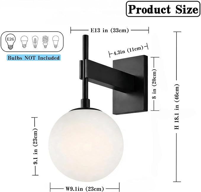 Hyunbae Modern Globe Outdoor Wall Sconce, 18.1" Large Black Porch Lights | E26 Front Porch Light, White Globe Glass Shade, IP65 Waterproof Exterior Lighting Fixtures, Garage Patio Entryway Use