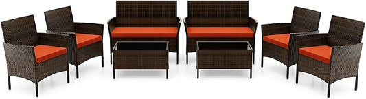 RELAX4LIFE 8-Piece Patio Furniture Set - Rattan Outdoor Conversation Bistro Set w/Cushions, Glass Coffee Table, Wicker Chairs & Loveseat for Garden Backyard Porch, Balcony Furniture Set (2, Orange)