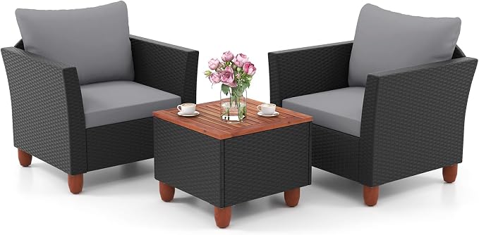 ORALNER 3 Pieces Patio Furniture Set, Outdoor Wicker Conversation Chairs with Cushion, Acacia Coffee Table, Rattan Bistro Set for Balcony Garden Backyard Front Porch Poolside (Grey)