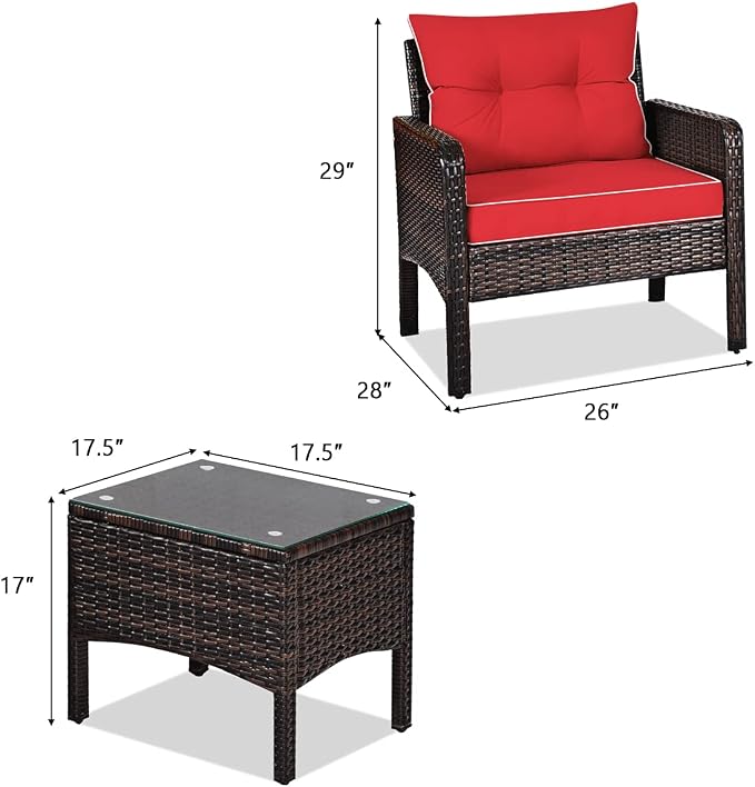 KOTEK 3 Piece Patio Furniture Set, Outdoor Wicker Conversation Bistro Set with 4 Cushions, All Weather PE Rattan Furniture Set for Garden, Backyard, Porch, Poolside (Red)