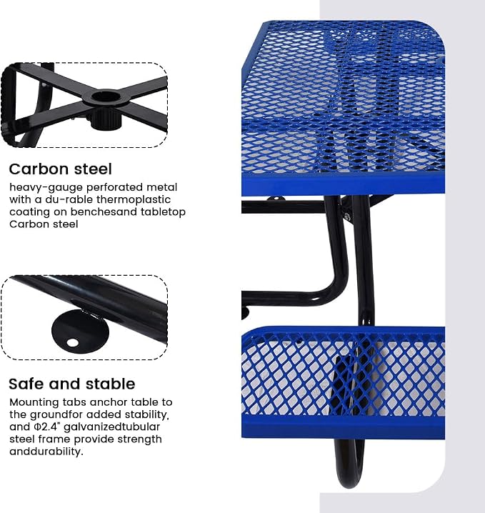 46" Square Metal Picnic Table for 4-8 Person, Durable Heavy Duty Commercial Picnic Table with Umbrella Hole for Outdoor Coffee Shop, School, Hospital, Easy to Install, Blue