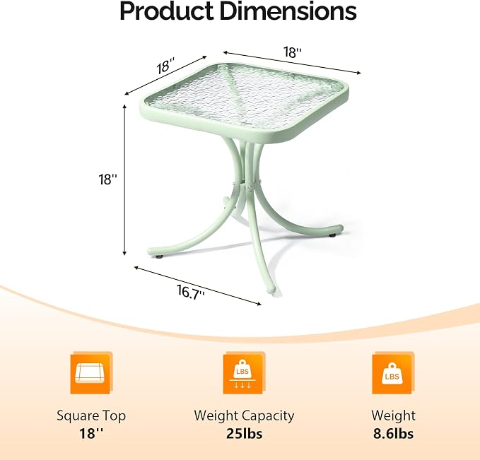 VINGLI Outdoor Side Table, 18" Patio Table Steel Frame Tempered Glass Top, Weatherproof Small Tables for Balcony Garden Poolside (Green, Square)