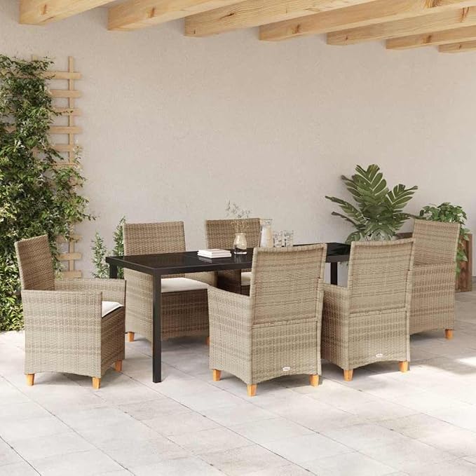 7 Piece Garden Dining Set, Outdoor Patio Furniture with 6 Cushioned Chairs and Glass Table, Beige Poly Rattan Weather Resistant Bistro Set for Backyard Deck