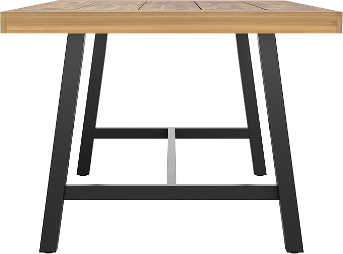 Flash Furniture Rafe Commercial Grade Acacia Wood Dining Table with Metal Base, Indoor/Outdoor Rectangle Patio Table with Plank Style Table Top, Natural/Black