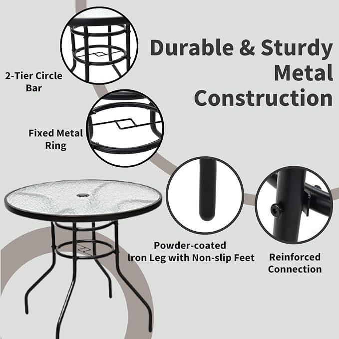 32 Inch Round Outdoor Coffee Table, All-Weather Bistro Table with Steel Frame & Tempered Glass, Dining Table for Backyard, Sunroom, Balcony, Lawn, Pool