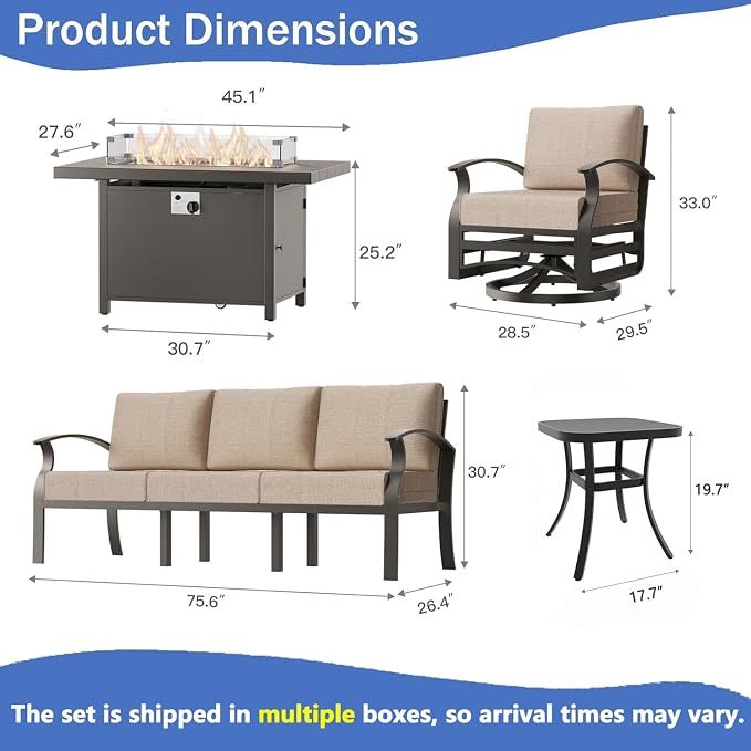 Aluminum Outdoor Patio Furniture Set,5 Pieces 5 Seats Metal Patio Sectional Furniture Set,Patio Conversation Sets with 45" Propane Fire Pit Table,Swivel Rocking Chairs Set,Sand