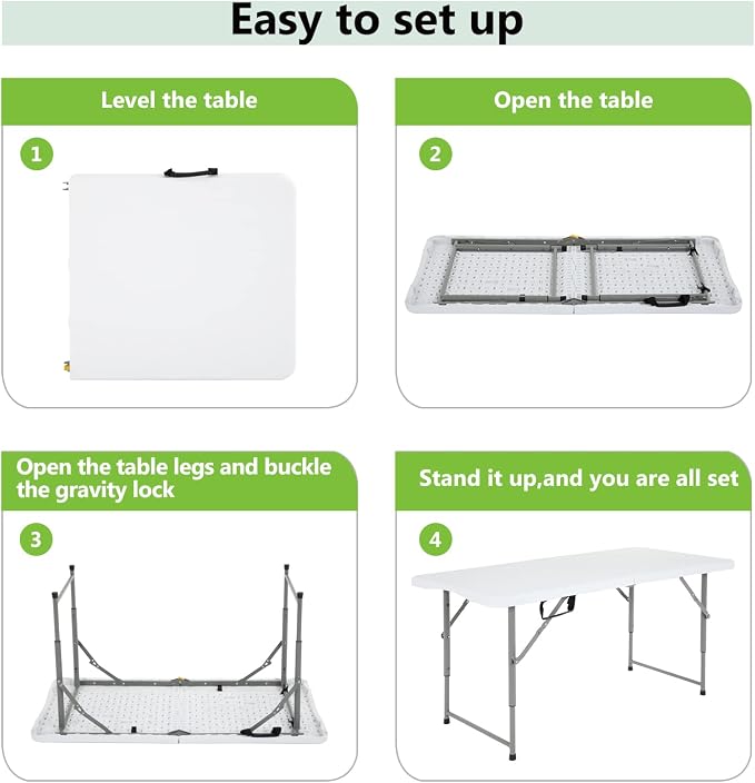 34" Folding Card Table, Heavy Duty HDPE Square Table, Fold-in-Half Portable Design with Carry Handle, Indoor Outdoor Utility Dining Table for Picnic, Camping, 330 lbs (White, 4FT)