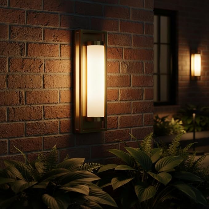 Hyunbae Mid Century Modern Outdoor Wall Sconce, Brushed Antique Brass | 15W Integrated Dimmable LED, 3000K Warm White, For House Patio Porch Garage Entryway Doorway, 16" Exterior Light