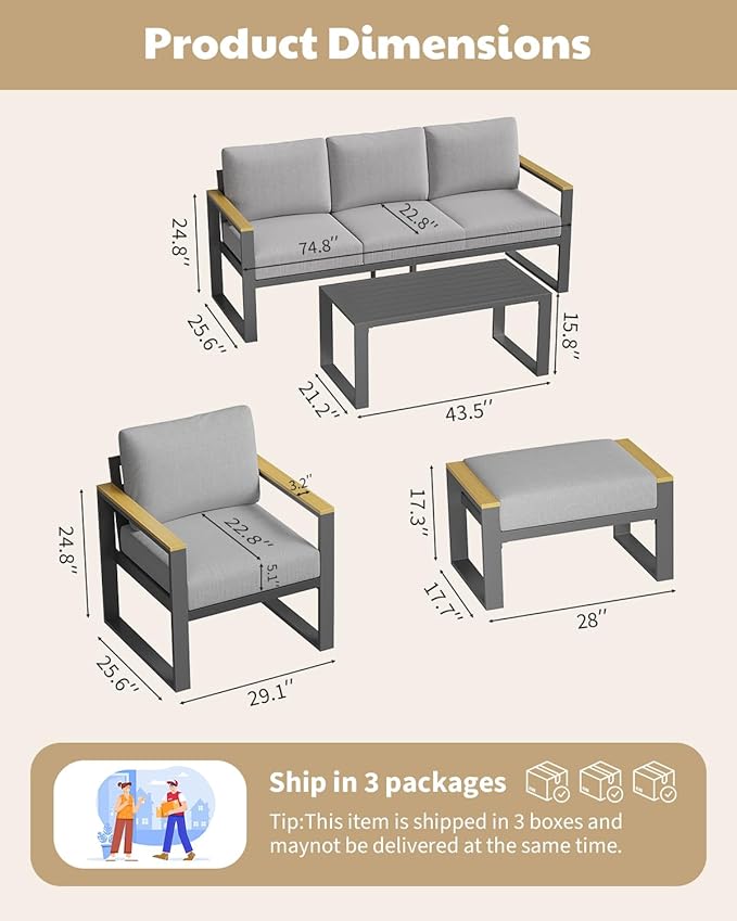 IDEALHOUSE Aluminum Outdoor Patio Furniture - 1 Pcs 3-Seat Sofa and Coffee Table, All-Weather Metal Modern Outside Furniture with Washable Thick Cushion for Balcony, Garden, Deck, Backyard,Gray