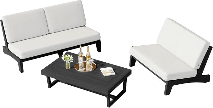 3 Piece Teak Outdoor Patio Frutnire Set, 5 Seater Patio Conversation Sets with Thick Cushions, Outdoor Sectional Furniture with Coffee Table - Beige