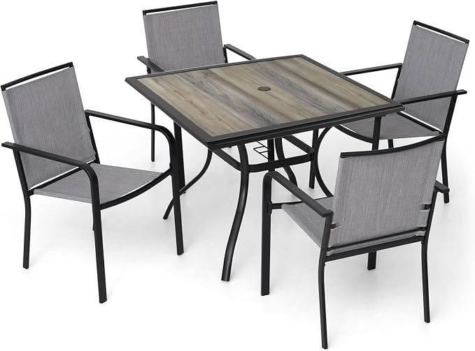 Outdoor Patio Gray Stackable Chairs and 37" PVC Square Table 5 Piece | Stackable Chairs, Square Table, Table and Chair with Metal Frame, Pvc Table Top, All Weather, Textilene fabric Seat and Back