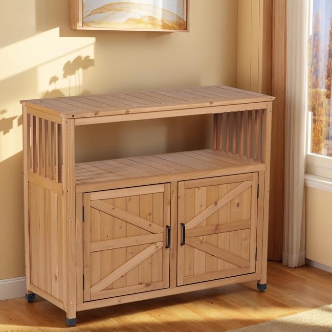 Outdoor Storage Cabinet, Patio Cabinet, Solid Wood Outdoor Console Table, Light Brown Slatted Fir Wood Outdoor Buffet Table, Serving Station, Bar Counter, 220 lb Capacity