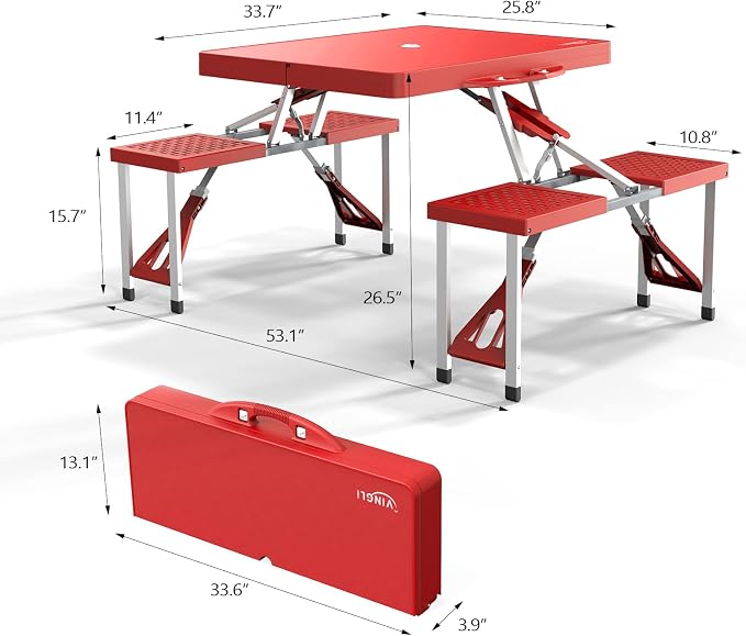 VINGLI 4 Ft Portable Folding Picnic Table Camping Table Foldable Set with 4 Seats with Umbrella Hole Suitcase Card Table-220 Lbs Support Aluminum Frame, Plastic RV Tabletop for Yard, Travel