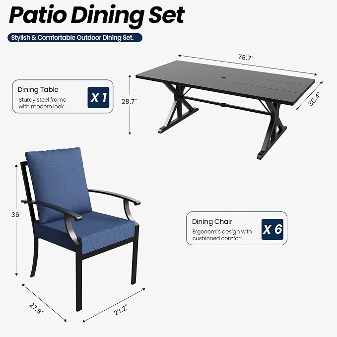 7 Piece Outdoor Dining Set for 6, Metal Patio Table and Chairs with Cushions, Patio Furniture Set with 6 Stackable Chairs, Rectangular Metal Dining Table with Umbrella Hole, Lawn Deck Yard-Navy