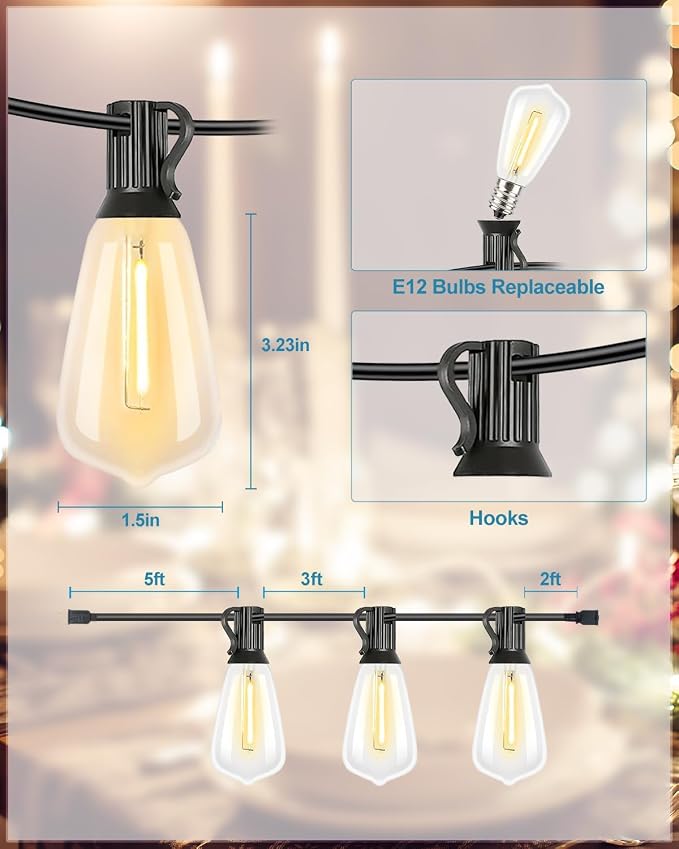 Lightdot 400FT Outdoor String Lights, LED Bistro String Lights with Shatterproof ST38 Vintage Bulbs, 2200K Dimmable, Waterproof Hanging Lights for Porch, Deck, Garden, Backyard, Balcony - ETL Listed