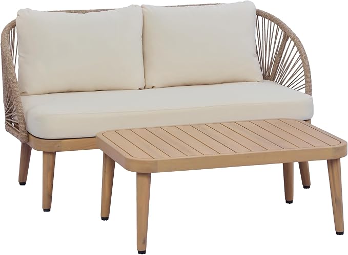 Christopher Knight Home Blanca 2 Pieces Conversation Set, Boho Patio Loveseat Sofa and Coffee Table, Acacia Wood Outdoor Loveseat and Table Set, Rope Woven Curved Loveseat with Cushions, Teak+Beige