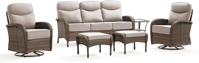 Outdoor Swivel Rocking Chair Patio Set (6-Piece), High-Back - Thick Cushion Swivel Rocking Chair Patio Set, All-Weather Wicker Patio Furniture Set, Suitable for Balcony Patios, Brown/Beige