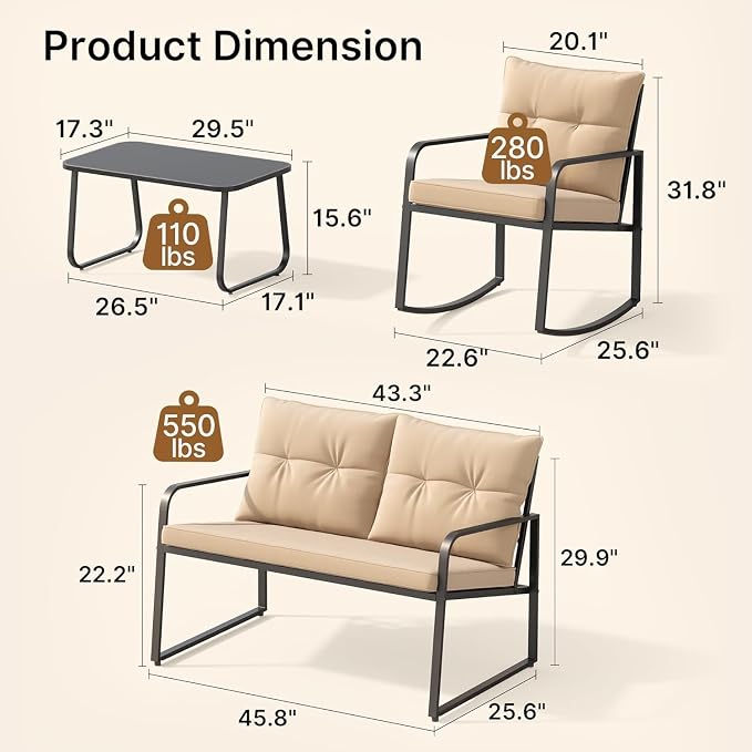 Gizoon 7-pc Outdoor Patio Furniture Set, Black Steel Patio Rocking Chairs Conversation Set with Loveseat, 6-Person Porch Bistro Set with Glass Coffee Table & Side Tables for Garden, Backyard, Beige