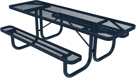 COATEDOUTDOORFURNITURE Heavy-Duty Portable ADA-Compliant Outdoor Picnic Table, Expanded Metal Patio Furniture Made in America (8ft Rectangular, Both-Side Handicap, Dark Blue with Dark Blue Frames)