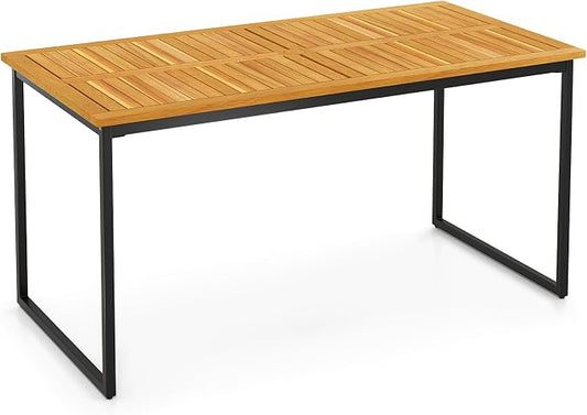 Patio Dining Table, 6-Person Acacia Wood Dining Table with 2 Inches Umbrella Hole, Slatted Tabletop & Adjustable Foot Pads, Outdoor Dining Table for Garden, Poolside & Dining Room