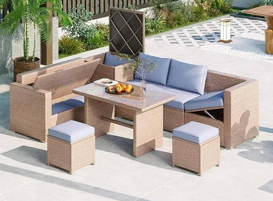 6 Piece Outdoor PE Wicker Patio Furniture Set All Weather Outdoor Conversation Sectional Sofa Set with Adjustable Seats for Backyard