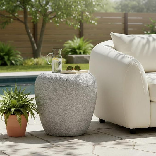 19.29" Irregular Fiberglass Outdoor Side Table, Durable Small Drink Table for Small Spaces, Scratch-Resistant & Waterproof End Table for Living Room, Apartment, Office, Beige