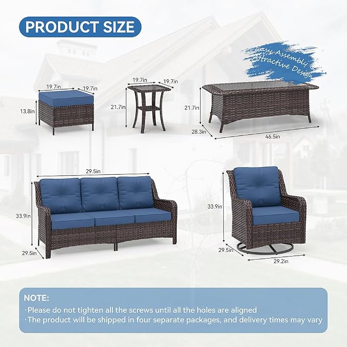 Kurapika 7-Piece Patio Furniture Set, Wicker Thick-Backed Outdoor Swivel Rocking Chair, Includes Coffee Table and Thick Cushions, Conversation Set for Porch,Patio, Navy Blue