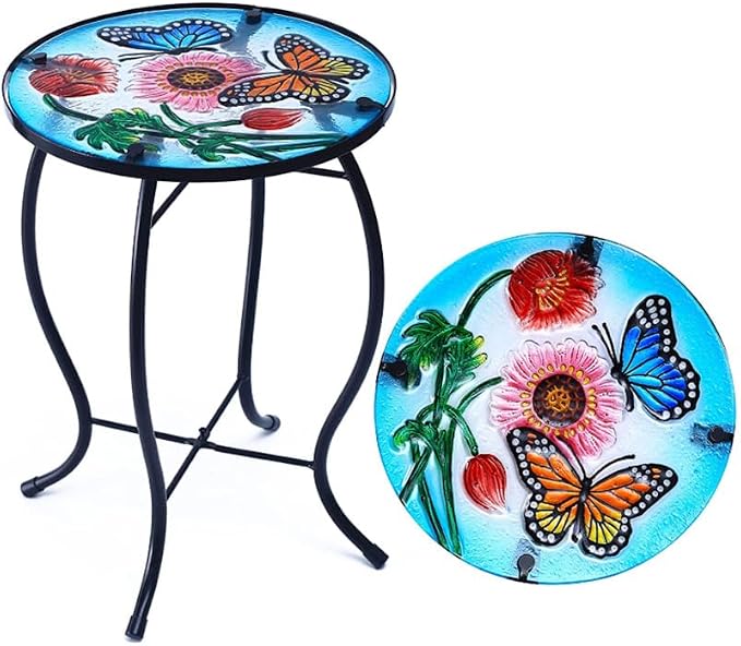 10 Inch Round Butterfly Glass Side Table, Patio Small Table, Outdoor Side Table, Outdoor Bar Table, Metal Glass End Table for Porch Garden Patio Pool Living Room
