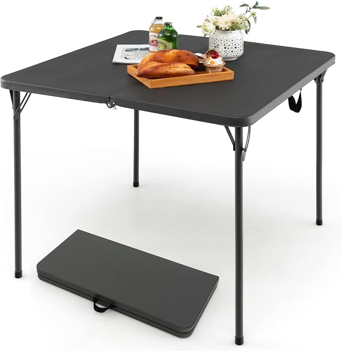 MEDIMALL Outdoor Folding Table, Fold-in-Half Utility HDPE Foldable Table with Metal Legs, Handle, Square Indoor Outdoor Collapsible Dining Table for Camping, Picnic, Party (Grey)