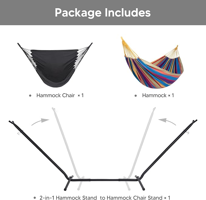 SUNCREAT 2-in-1 Convertible Backyard Fabric Hammock with Stand, Large Hammocks for Outside, Patented, Rainbow
