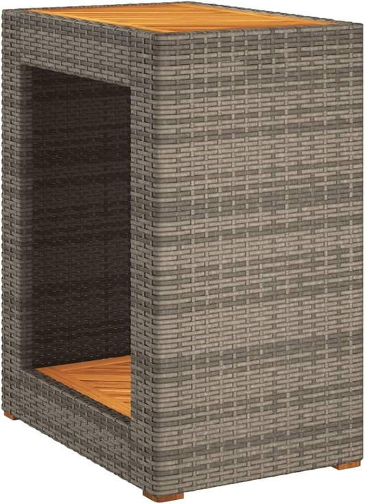 vidaXL Patio Side Table with Wooden Top, Exterior Tea Table with Storage, Rectangular Coffee Table for Garden Backyard, Modern, Gray Poly Rattan