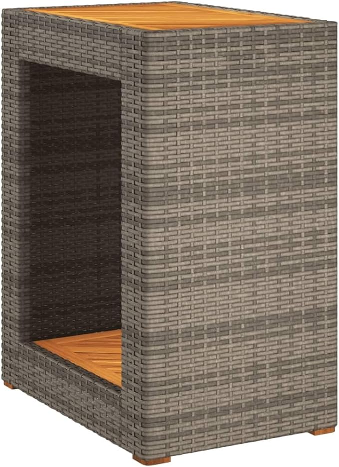 Patio Side Table with Wooden Top Gray 23.6"x15.7"x29.5" Poly Rattan Coffee End Table Outdoor Furniture for Garden, Patio, Backyard, and Living Room