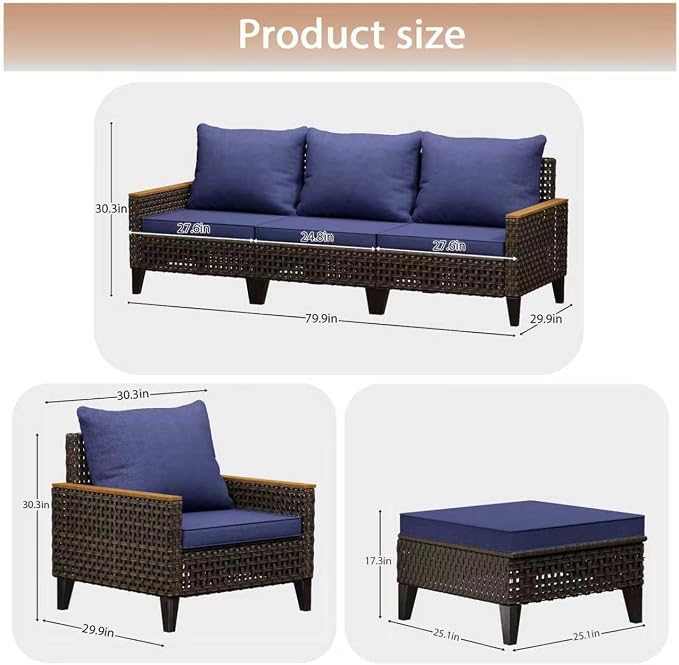 14 Piece Patio Sectional Sofa Furniture Set, All-Weather Wicker Rattan Outdoor Conversation Set with High Back and Hick Cushions, for Garden, Porch, Poolside, Blue