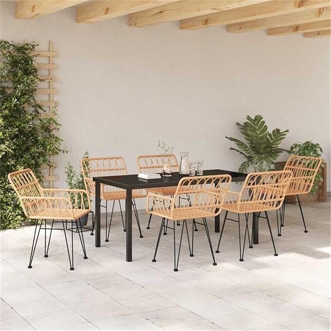 Afuera Living 7 Piece Poly Rattan Garden Dining Set, Rectangular Black Powder-Coated Steel Frame, UV-Resistant Weather-Ready Outdoor Patio Furniture, Armrests, Seating for 6