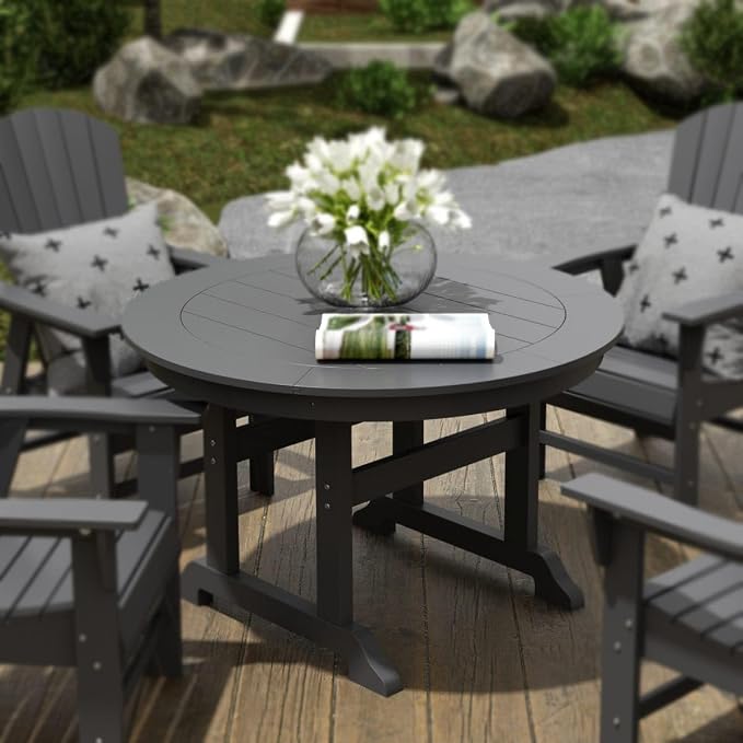WestinTrends Malibu Patio Dining Table, All Weather Poly Lumber Adirondack 47" Trestle Round Outdoor Table with Umbrella Hole, Gray