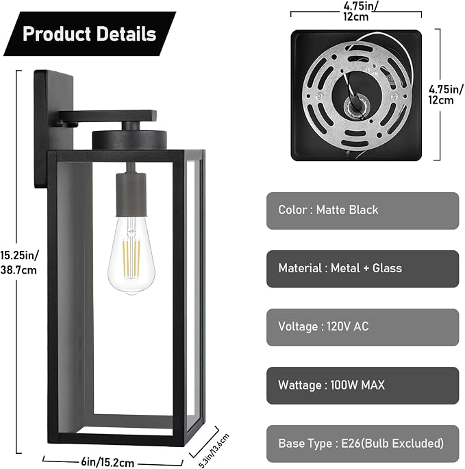 BesLowe 15’’ Large Outdoor Wall Lights, Modern Black Exterior Wall Lanterns | Waterproof Metal Construction, Rust-resistant, Quick & Easy Installation, Clear Glass Shades & Standard E26 Socket